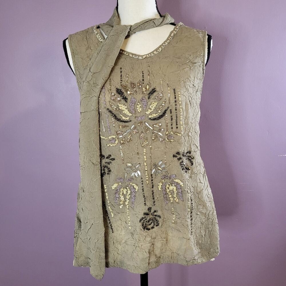 Fei by Anthropologie Crinkled Burnout Sequin Embellished Scarf Tie Neck Tank Top